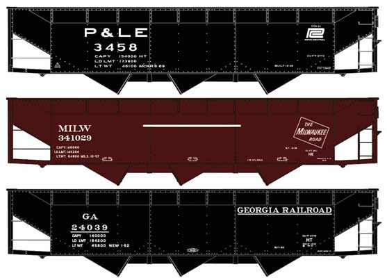 Accurail HO AAR 70-Ton Offset-Side 3-Bay Hopper 3-Pack - Kit -- 1 Each Pittsburgh & Lake Erie/PC, Milwaukee Road & Georgia Railroad