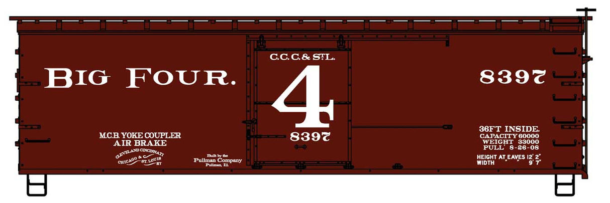 Accurail HO 36' Double-Sheathed Wood Boxcar, Steel Roof, Wood Ends, Straight Underf. Kit -- Big Four CCC&StL #8397 (Boxcar Red, white, Large 4)