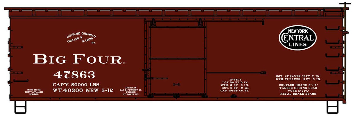 Accurail HO 36' Double-Sheathed Wood Boxcar, Steel Roof, Wood Ends, Straight Underf. Kit -- Big Four CCC&StL #47863 (Boxcar Red, black NYC Lines Logo)