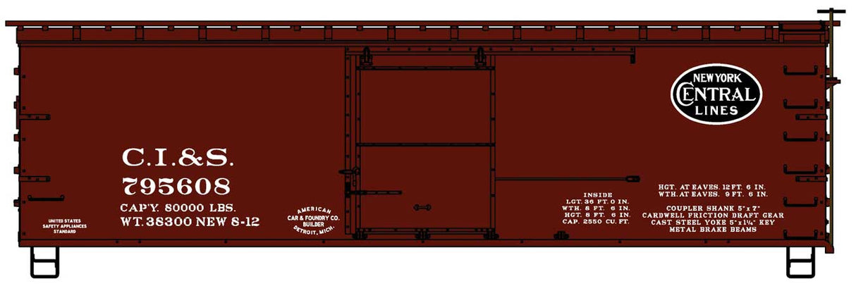 Accurail HO 36' Double-Sheathed Wood Boxcar, Steel Roof, Wood Ends, Straight Underf. Kit -- Chicago, Indiana & Southern CI&S #795608 (Boxcar Red, black NYC Lines Logo)