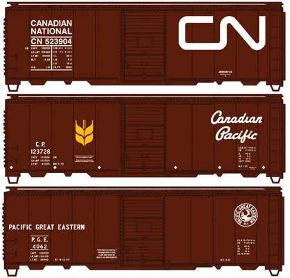 Accurail HO  40' Single-Door Steel Boxcar 3-Pack - Kit -- 1 Each Canadian National, Canadian Pacific, Pacific Great Eastern