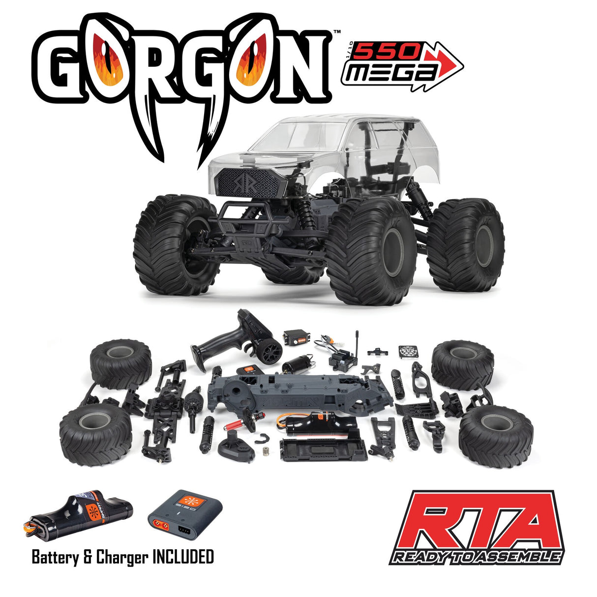 Arrma ARA3230SKT2 1/10 GORGON 2WD RTA Kit Brushed Monster Truck (Battery & Charger Included), Clear