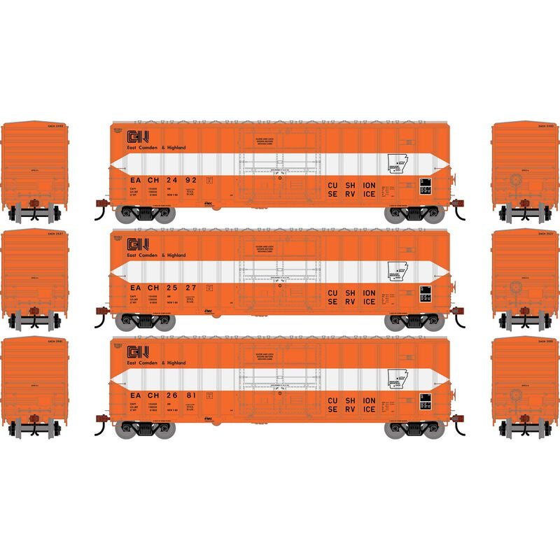 Athearn HO 50' FMC 5327 12' Plug Door Box Car, East Camden & Highland (EACH) #2492/2527/2681 (3)