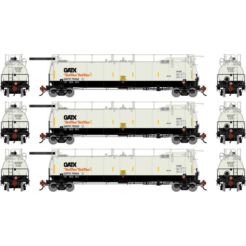 Athearn Genesis HO TankTrain Intermediate, GATX White/Black #75552/75553/75554 (3)