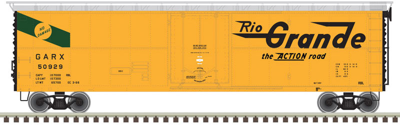 Atlas HO GARX Insulated 50' Boxcar (Reefer) - Ready to Run - Master(R) -- Denver & Rio Grande Western 50929 (yellow, black)