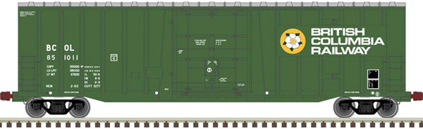 Atlas HO NSC 5277 50' Plug-Door Boxcar - Ready to Run -- British Columbia Railway 851012 (green, white, yellow) - ATL20006076