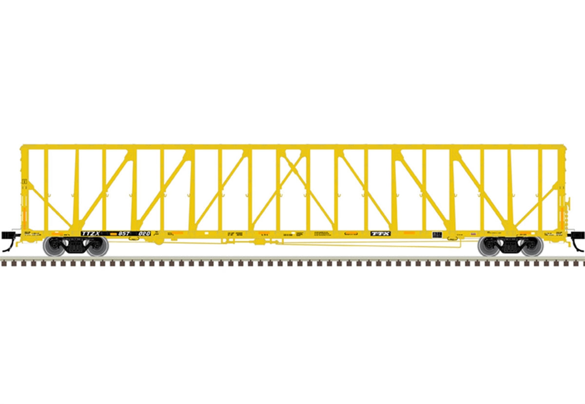 Atlas HO 73' Center-Partition (Centerbeam) Flatcar - Ready to Run - Master(R) -- TTX 857020 (yellow, black, yellow conspicuity stripes) - ATL20006493