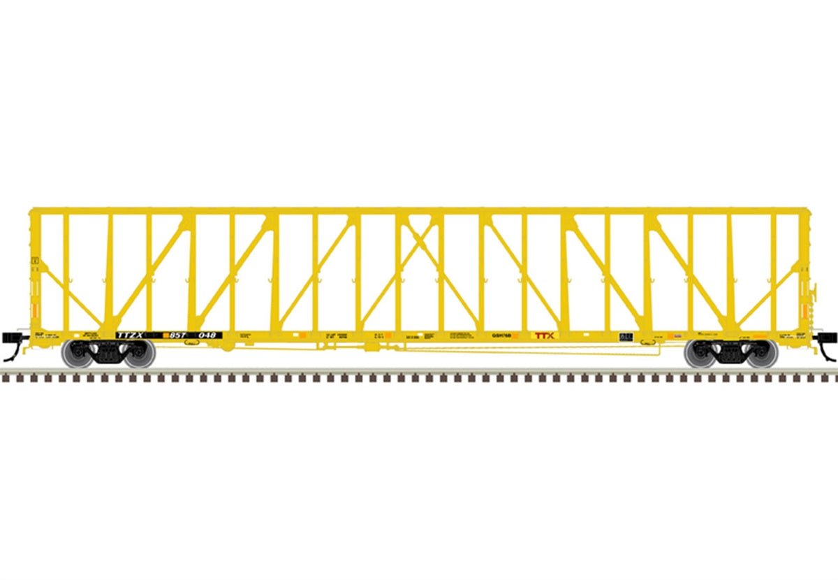 Atlas HO 73' Center-Partition (Centerbeam) Flatcar - Ready to Run - Master(R) -- TTX 857048 (yellow, black, Forward Thinking Logo Patch) - ATL20006496
