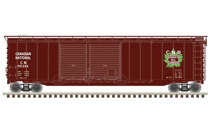 Atlas HO Postwar 50' Double-Door Boxcar - Ready to Run - Master(R) -- Canadian National 551334 (Boxcar Red, white, green, Leaf Logo)