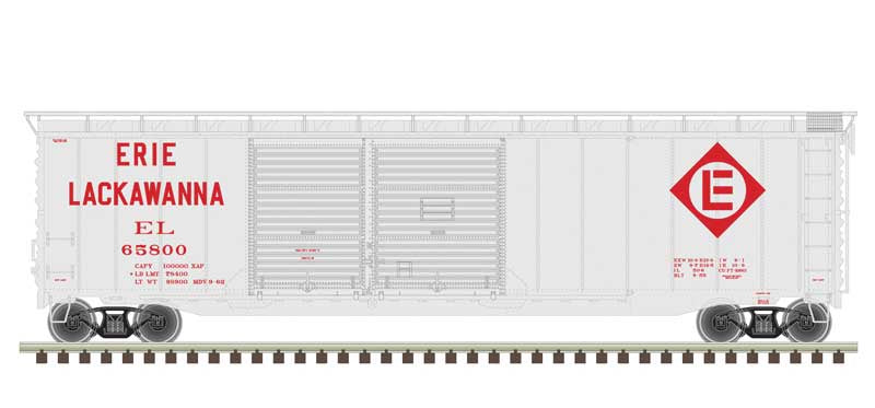 Atlas HO Postwar 50' Double-Door Boxcar - Ready to Run - Master(R) -- Erie Lackawanna 65725 (gray, maroon)