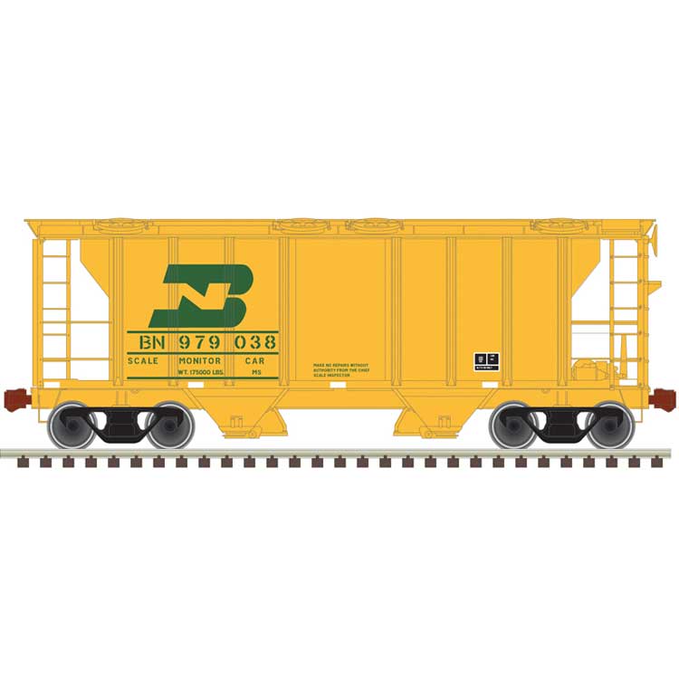 PS-2 2-Bay Covered Hopper - Ready to Run -- Burlington Northern 979038 (yellow, green, Scale Monitor Car)