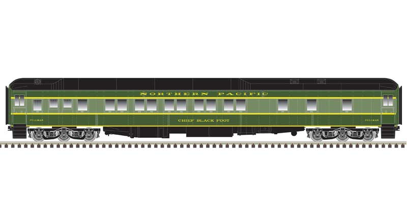 Atlas HO Pullman Heavyweight Plan 3973 10-1-1 Sleeper - Ready to Run -- Northern Pacific Chief black Foot (Early Two-Tone Green, black)