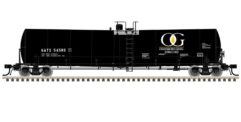 Atlas HO Trinity 25,500-Gallon Tank Car - Ready to Run - Master(R) -- Owensboro Grain GATX #54540 (black, white, yellow)