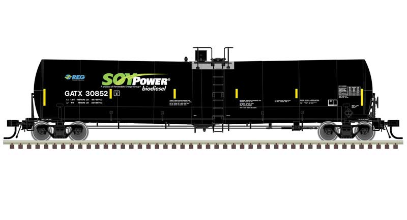Atlas HO Trinity 25,500-Gallon Tank Car - Ready to Run - Master(R) -- Soy Power Bio Fuels GATX #30829 (black, blue, green, white)