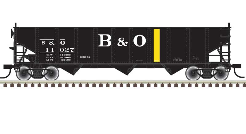 Atlas AAR 70-Ton 9-Panel 3-Bay Open Hopper, Arched Ends and Load - Ready to Run -- Baltimore & Ohio #10389 (black, yellow, white) - ATL20006911