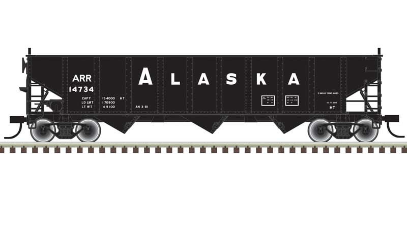 Atlas AAR 70-Ton 9-Panel 3-Bay Open Hopper, Arched Ends and Load - Ready to Run -- Alaska #14734 (black, white) - ATL20006914