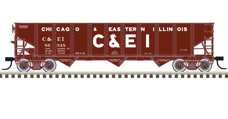 Atlas AAR 70-Ton 9-Panel 3-Bay Open Hopper, Standard Ends and Load - Ready to Run -- Chicago & Eastern Illinois #86327 (Boxcar Red, white) - ATL20006920