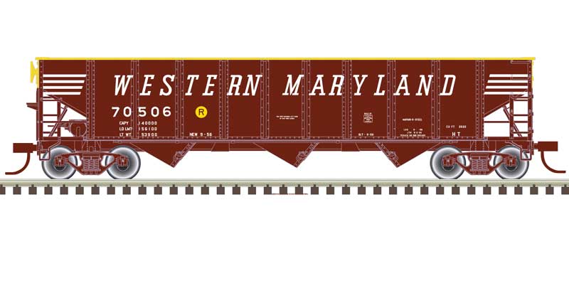 Atlas AAR 70-Ton 9-Panel 3-Bay Open Hopper, Standard Ends and Load - Ready to Run -- Western Maryland #70002 (Boxcar Red, yellow, white) - ATL20006923