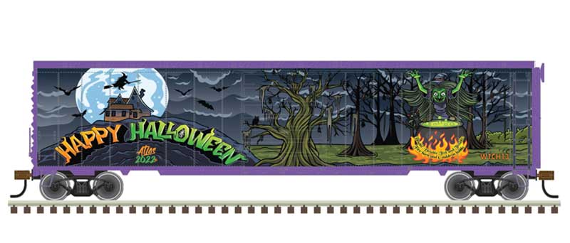 Atlas Postwar 50' Single-Door Boxcar - Ready to Run - Master(R) -- Halloween WTCH #2022 (Halloween Witch Graphics) - ATL20006954