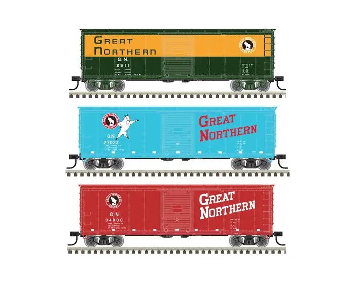 Atlas HO USRA Steel Rebuilt 40' Boxcar 3-Pack - Ready to Run - Master(R) -- Great Northern #27023, 2511, 34000 (3 Schemes: red, Glacier, orange/green)