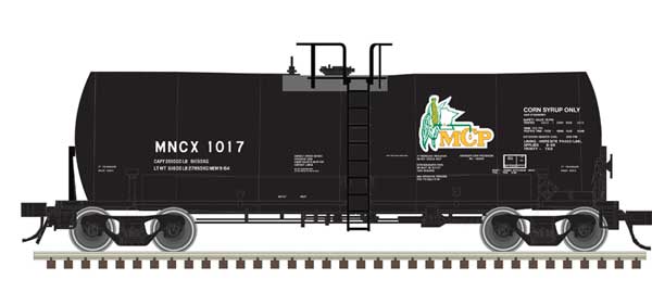 Atlas HO Trinity 17,600-Gallon Corn Syrup Tank Car - Ready to Run -- Minnesota Corn Processors MNCX #1008 (black, white, yellow, green)