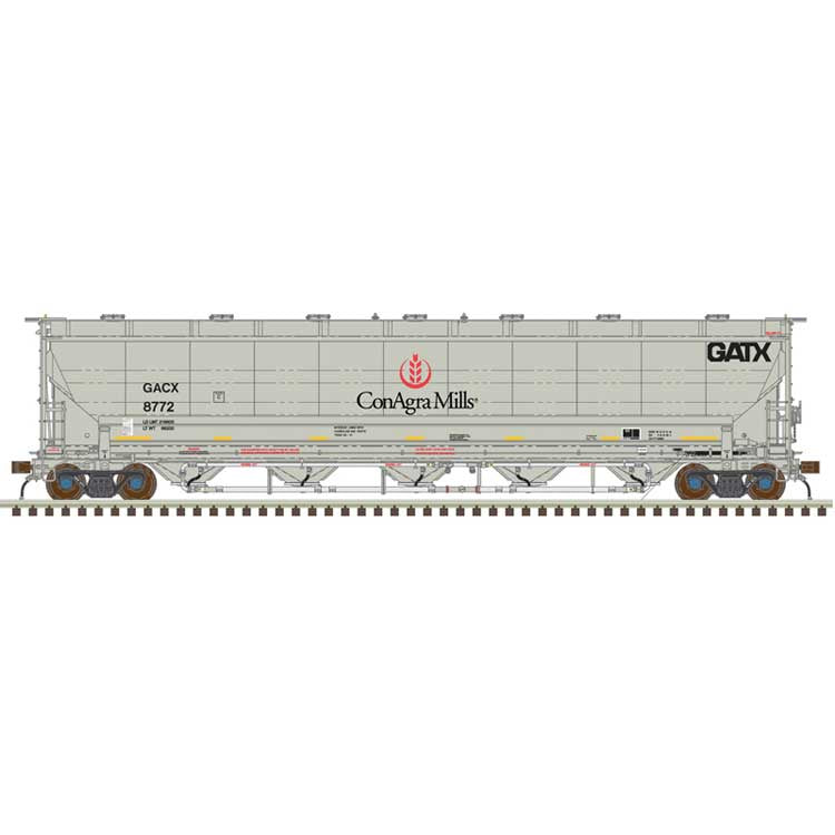 Atlas HO Trinity 5660 PD Covered Hopper - Ready to Run -- ConAgra Mills GACX #8791 (gray, black, red logo, yellow conspicuity stripes)