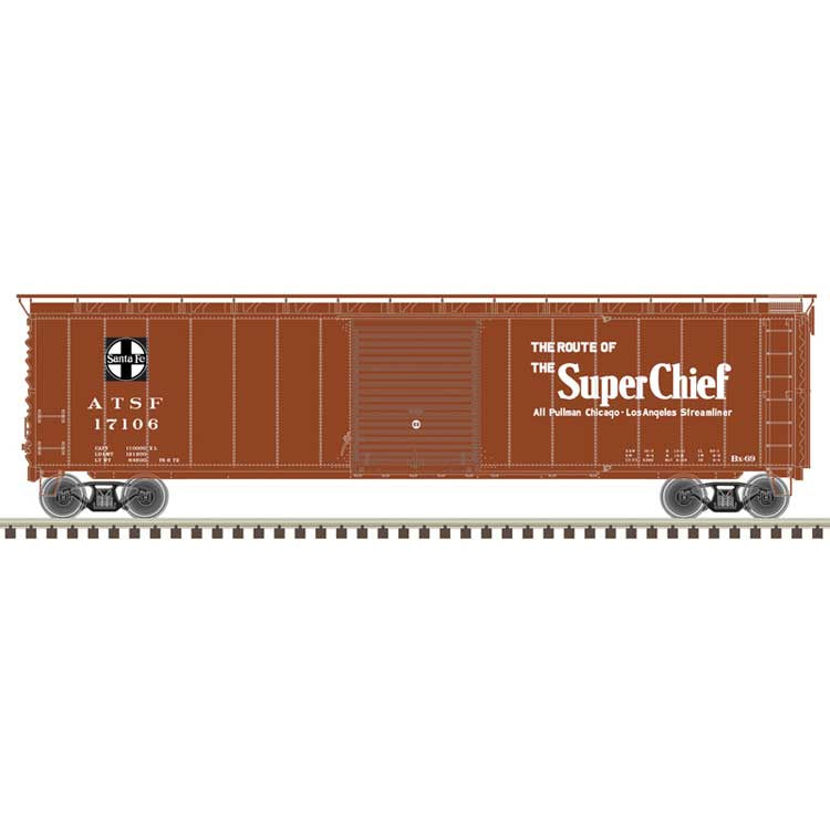 Atlas HO Postwar 50' Single-Door Boxcar - Ready to Run - Master(R) -- Santa Fe (ATSF) #17106 (Boxcar Red, Super Chief Slogan)