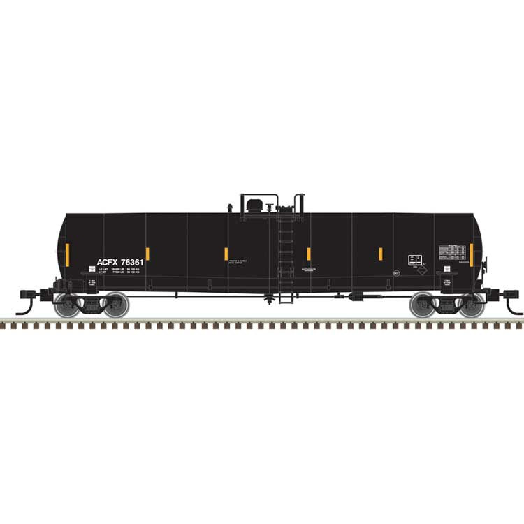 Atlas HO ACF 23,500-Gallon Tank Car - Ready to Run - Master(R) -- Atlas HO ACFX #76361 (black, reporting marks only, yellow conspicuity marks)