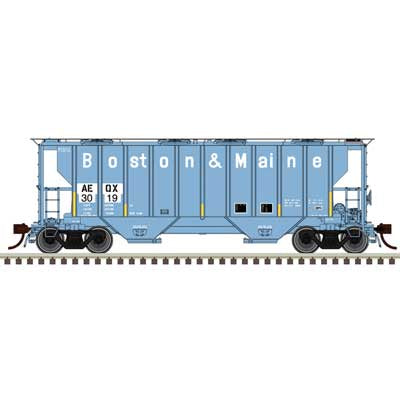 Atlas HO Portec 3000 2-Bay Covered Hopper - Ready to Run - Master(R) -- ATEL Leasing AEQX #3017 (Ex-B&M, blue, white, black, yellow conspicuity mark
