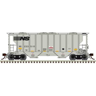 Atlas HO Portec 3000 2-Bay Covered Hopper - Ready to Run - Master(R) -- Norfolk Southern #233574 (gray, black, yellow conspicuity marks)