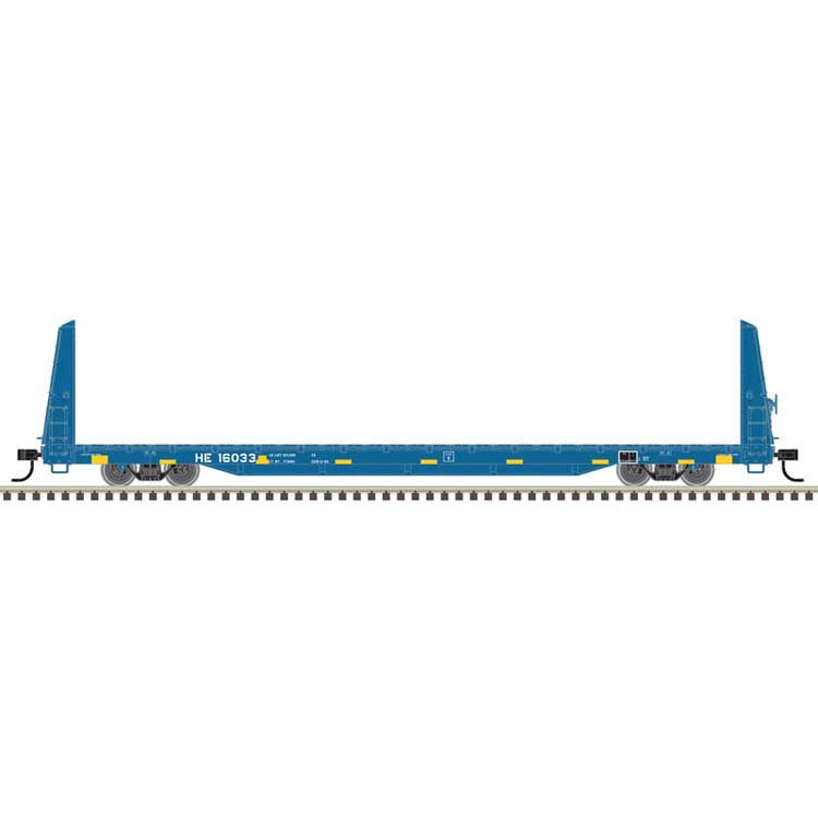 Atlas HO 62' Bulkhead Flatcar - Ready to Run -- Hollis & Eastern HE #16033 (blue)