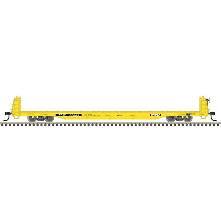Atlas HO 62' Short-Bulkhead Flatcar - Ready to Run -- TTX TTJX #82099 (yellow, black)