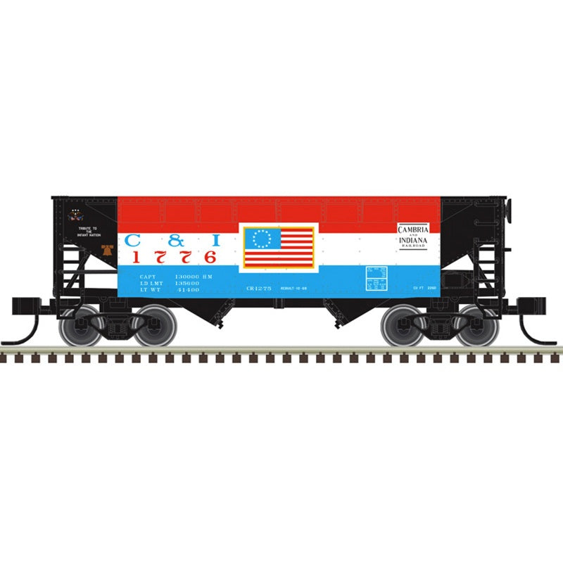 Atlas HO Offset-Side 2-Bay Open Hopper 2-Pack - Ready to Run -- Cambria & Indiana (C&I) #1776, 1976 (Bicentennial, black, red, white, blue)