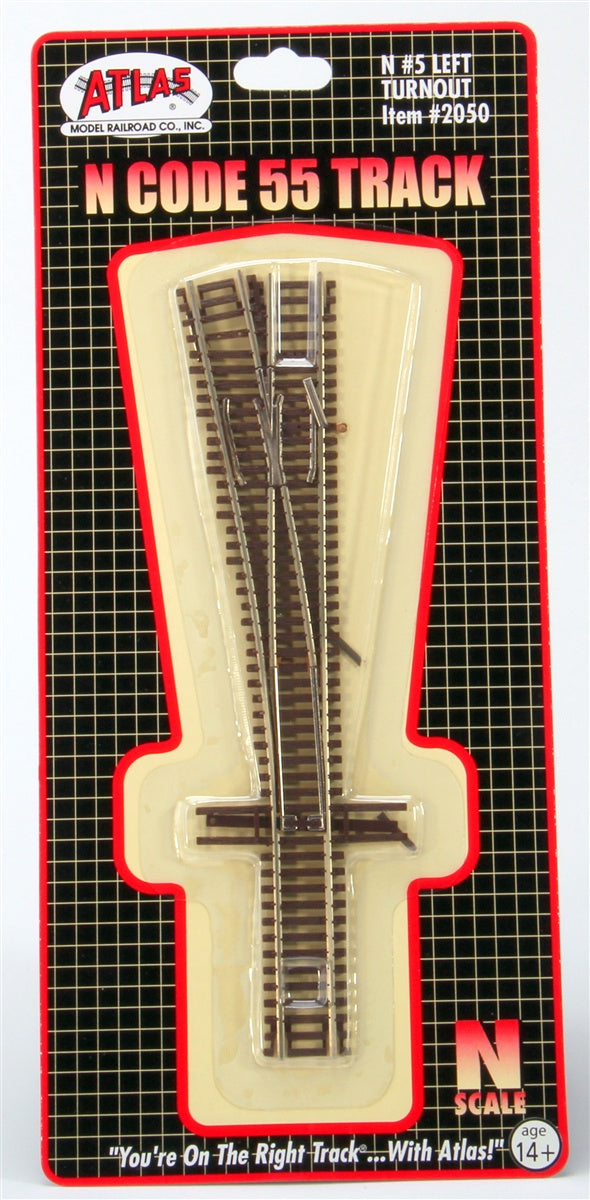 Atlas Code 55 Turnout, Nickel-Silver Rail, Brown Ties -- No.5 Left Hand - ATL2050