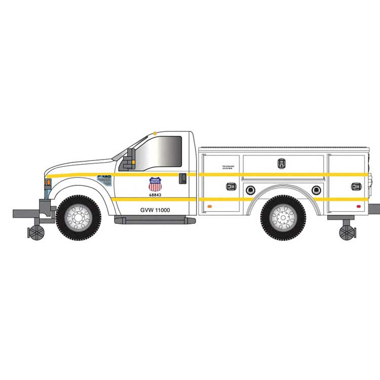 Atlas HO 2008 Ford(R) F-350 Hi-Rail Pickup Truck - Assembled -- Union Pacific (UP) (white, red, blue, yellow)