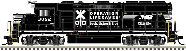 Atlas N EMD GP40-2 with Dynamic Brakes - Standard DC - Master Silver(R) -- Norfolk Southern 3052 (black, white, Operation Lifesaver)