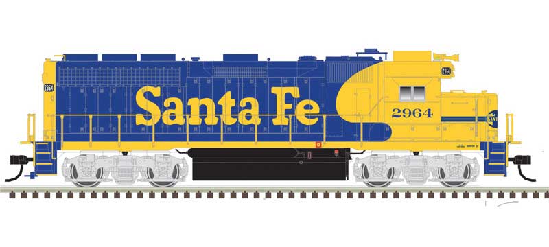 EMD Atlas N GP40 - Standard DC - Master(R) Silver -- Santa Fe 2964 (Warbonnet, blue, yellow)
