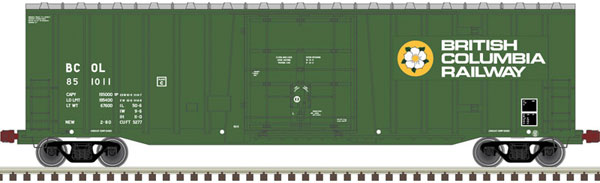 NSC 5277 50' Plug-Door Boxcar - Ready to Run -- British Columbia Railway 851022 (green, white, yellow)
