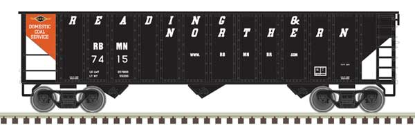 Atlas N 90-Ton 3-Bay Hopper with Load - Ready to Run -- Reading, Blue Mountain & Northern 7415 (black, white, red)