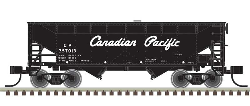 Atlas N 2-Bay Offset-Side Hopper with Flat Ends & Load - Ready to Run - Master(R) -- Canadian Pacific 357018 (black, white, Script Lettering)
