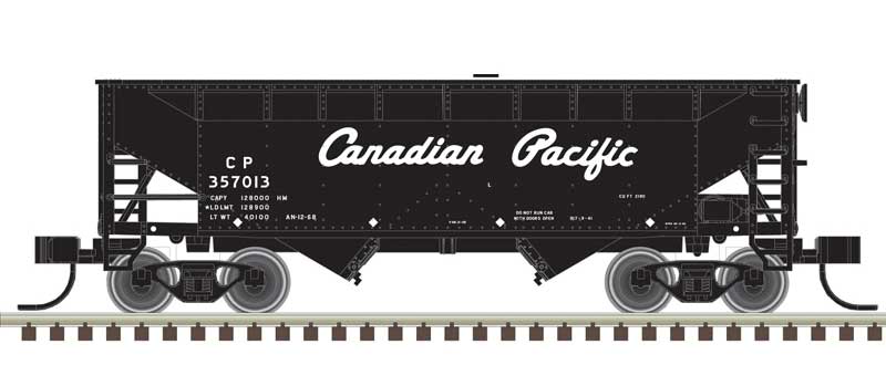 Atlas N 2-Bay Offset-Side Hopper with Flat Ends & Load - Ready to Run - Master(R) -- Canadian Pacific 357024 (black, white, Script Lettering)