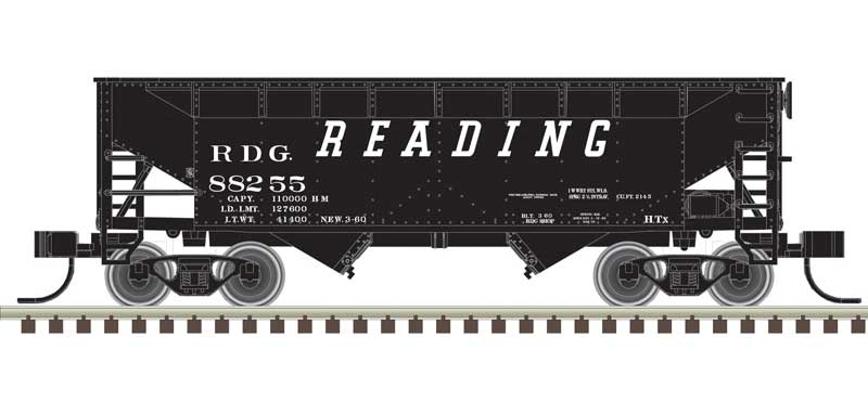 Atlas N 2-Bay Offset-Side Hopper with Flat Ends & Load - Ready to Run - Master(R) -- Reading 88203 (black, white)