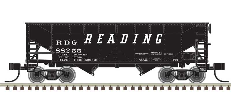 Atlas N 2-Bay Offset-Side Hopper with Flat Ends & Load - Ready to Run - Master(R) -- Reading 88244 (black, white)