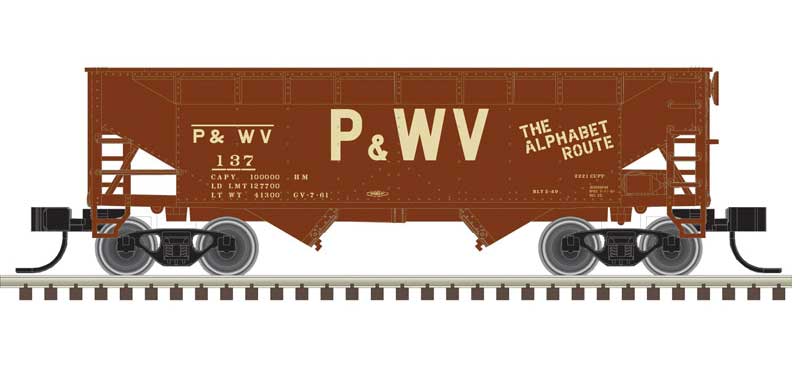 Atlas N 2-Bay Offset-Side Hopper with Flat Ends & Load - Ready to Run - Master(R) -- Pittsburgh & West Virginia 137 (Boxcar Red, tan)