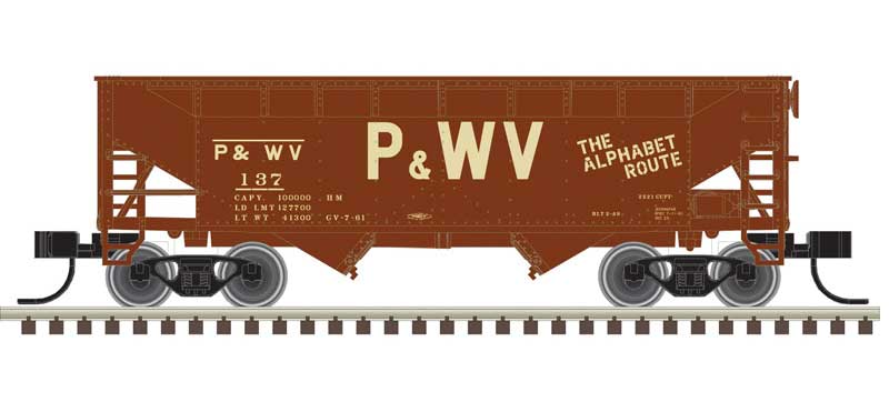 Atlas N 2-Bay Offset-Side Hopper with Flat Ends & Load 3-Pack - Ready to Run - Master( -- Pittsburgh & West Virginia 179, 223, 294 (Boxcar Red, tan)