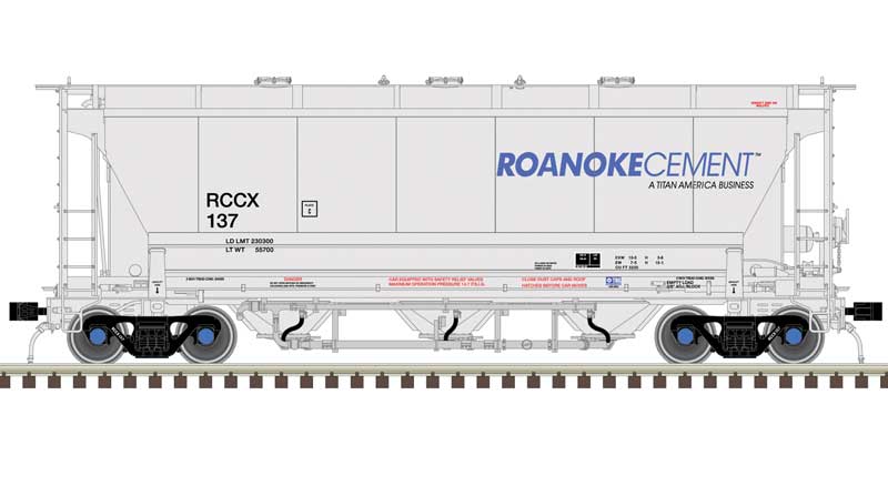 Atlas Trinity 3230 Pressure Differential PD Covered Hopper - Ready to Run Master Plu -- Roanoke Cement RCCX #137 (gray, black, blue) - ATL50006210