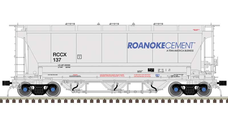 Atlas Trinity 3230 Pressure Differential PD Covered Hopper - Ready to Run Master Plu -- Roanoke Cement RCCX #140 (gray, black, blue) - ATL50006211