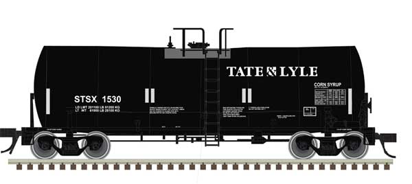 Atlas N Trinity 17,600-Gallon Corn Syrup Tank Car - Ready to Run -- Tate & Lyle #1530 (black, white, silver, Conspicuity Stripes)