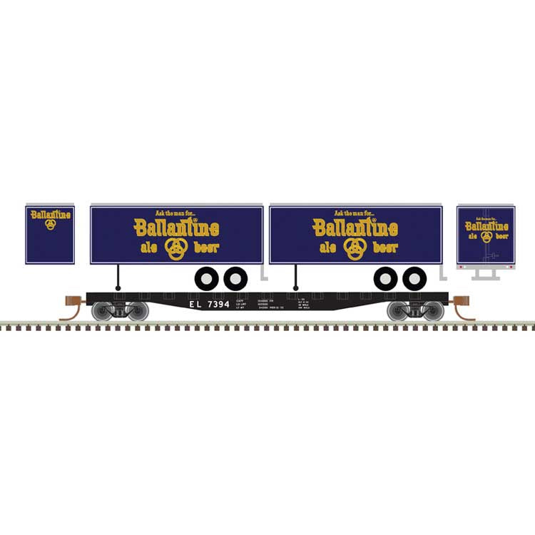 Atlas N 50' Piggyback Flatcar w/Two 24' Trailers - Ready to Run -- Erie Lackawanna #7394 (Ballantine Trailers, blue, yellow)