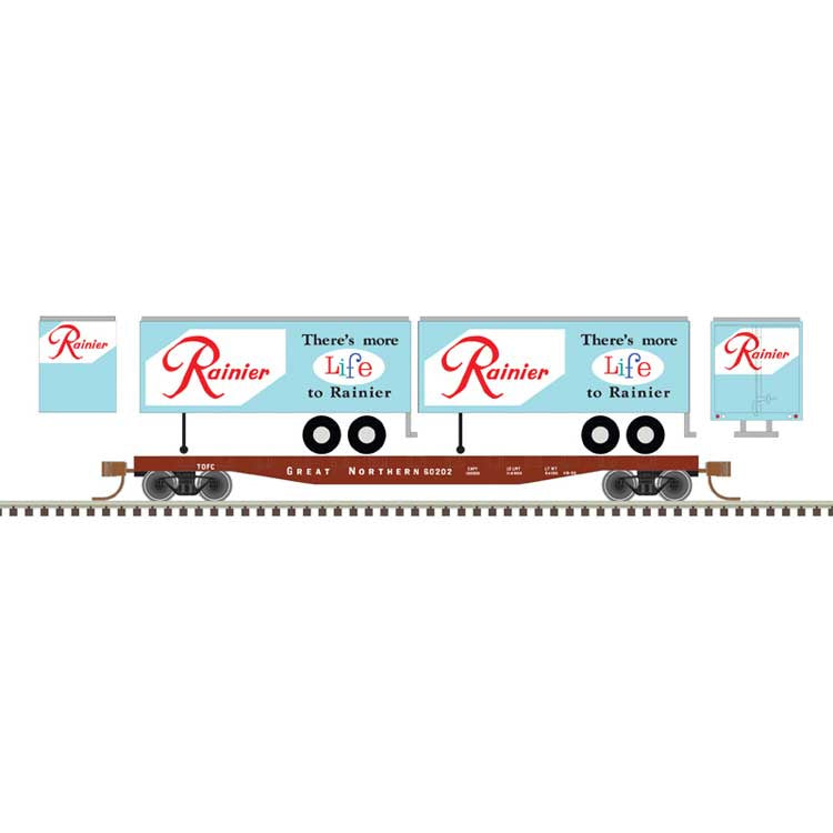 Atlas N 50' Piggyback Flatcar w/Two 24' Trailers - Ready to Run -- Great Northern #60202 (Rainier Trailers, blue, red, white, green)